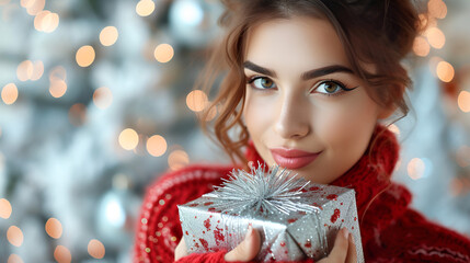 Beautiful young woman with Christmas gift, generative ai