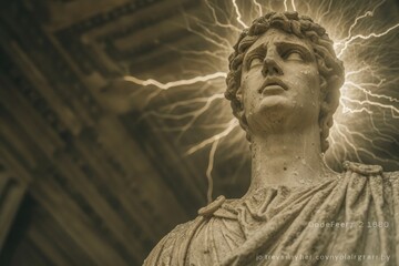 An ethereal marble statue of a figure surrounded by a tempest of lightning, evoking a divine or supernatural presence
