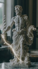 A captivating image of a Greek philosopher statue radiating with a corona of lightning, symbolizing enlightenment and wisdom