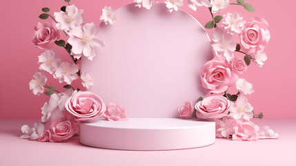 pink round podium and rose flowers, product display, cosmetic, jewelry, woman,