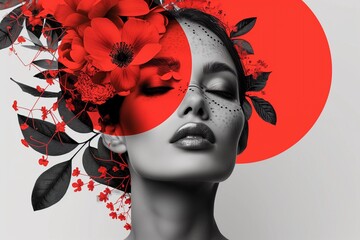 Stylized Woman's Portrait with Red Floral and Monochrome Elements