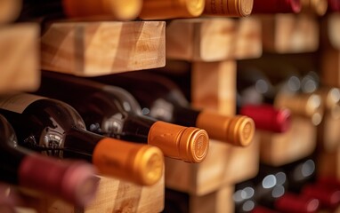 Elegant Wine Bottles Stored in a Wooden Wine Rack