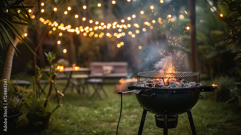 Wall mural A large smoking charcoal grill ready for a summer feast during a festive outdoor gathering