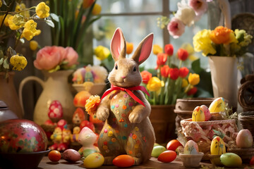 Easter bunny and colorful eggs on background of red and yellow tulips.