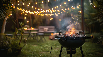 A large smoking charcoal grill ready for a summer feast during a festive outdoor gathering - obrazy, fototapety, plakaty