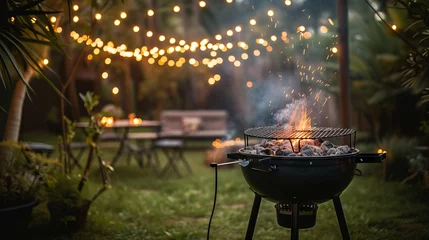 Fotobehang A large smoking charcoal grill ready for a summer feast during a festive outdoor gathering © rorozoa