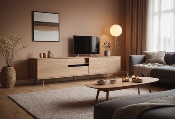 A modern Scandinavian living room with a warm and inviting atmosphere, perfect for a contemporary interior design background