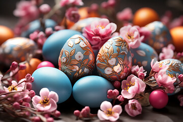 Painted eggs and pink flowers