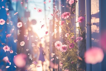A woman amidst blossoming flowers, bathed in the golden hour’s glow, evoking themes of renewal and natural beauty - obrazy, fototapety, plakaty