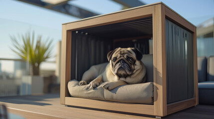 A charming pug lounging contentedly in a modern minimalist doghouse with city views.