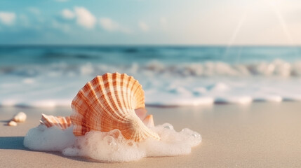 Fototapeta na wymiar Warm summer beach vacation holiday. Stunning sea shell on the beach with sand and waves texture, Ai generated image