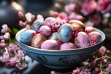 Painted pink and blue eggs on background of pink flowers