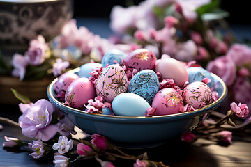 Painted pink and blue eggs on background of pink flowers