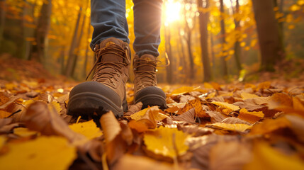 Autumn hike captured through a pair of boots walking on a carpet of golden leaves
