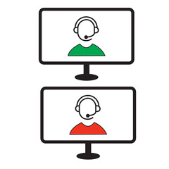 Icono de atención al cliente  dentro de una pantalla de un ordenador sobre un fondo blanco. Vista de frente. Copy space