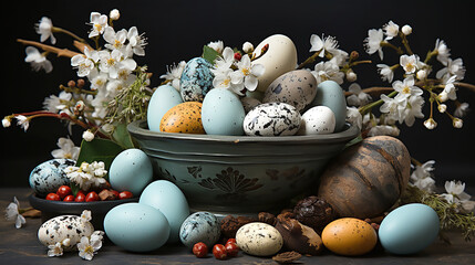 Painted eggs and white flowers on black background