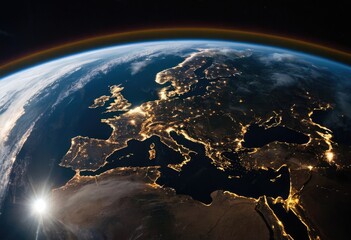 A panoramic view of the Earth globe from space, showcasing glowing city lights and light clouds
