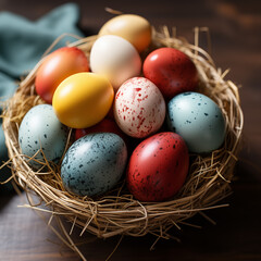 Wicker basket with colorful eggs