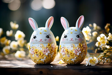 Easter bunnys in the shape of a painted eggs on background of yellow flowers