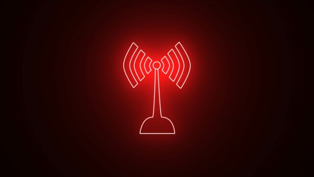 Neon red wireless tower on black background. Antenna tower icon collection, Radio tower icon, Transmitter Icon. Wireless cellular, cell signal or radio network antenna line icon.