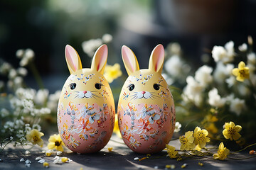 Easter bunnys in the shape of a painted eggs on background of white flowers