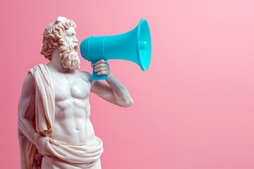 Greek statue holding loudspeaker screaming. Sculpture speaking loud in megaphone. Announcement, advertising, communication concept. Warning, announcement, notifying, free space for text