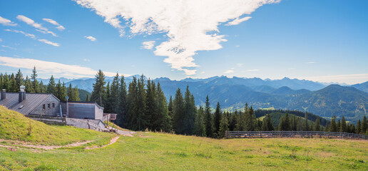 alpine hut and restaurant Hornle mountain, with view to the bavarian alps