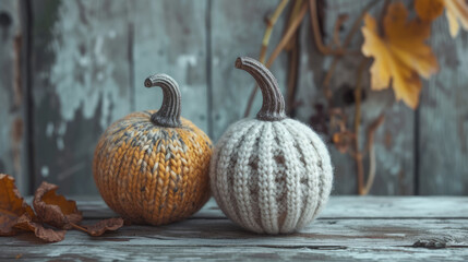 Handmade crocheted gourds on wooden table with a blurred autumnal background