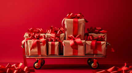 A festive trolley filled with rose gold presents wrapped in red ribbon for holiday celebrations
