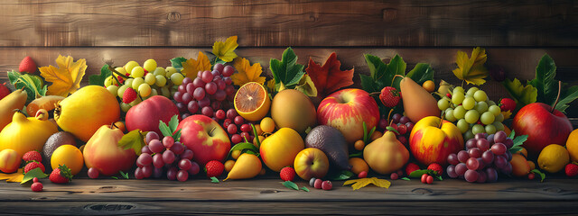 a colorful arrangement of fruits and leaves on a wood