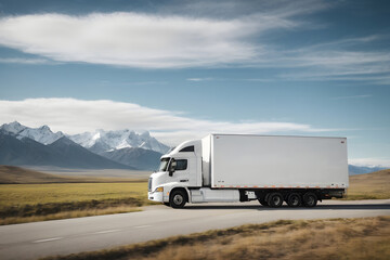 a white cargo truck with a white blank empty trailer for ad . white truck. trailer on the road,...
