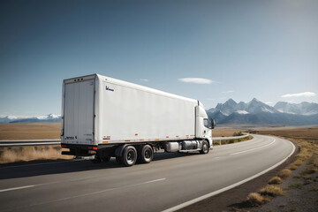 a white cargo truck with a white blank empty trailer for ad . white truck. trailer on the road, highway. Transports, logistics concept. 3d rendering. 