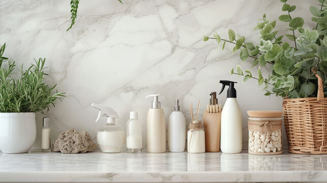 Fototapeta A minimalist array of eco-friendly cleaning supplies on a marble countertop