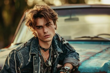 A casual portrait of a young man in a distressed denim jacket and layered necklaces, his hair styled in a typical Y2K fashion, leaning against a vintage car