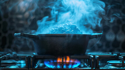 A simmering cast iron pot on a gas stove with blue flames and steam - obrazy, fototapety, plakaty