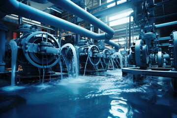 An industrial pump room is flooded with water under blue lighting, of maintenance and safety - obrazy, fototapety, plakaty
