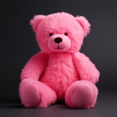 Cute smiling pink teddy bear doll in pink room. Background with shadow reflection. Playful bright pink bear sitting. Teddy bear plush stuffed puppet with ribbon on white backdrop.
