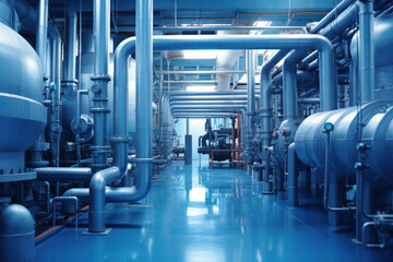 An industrial pump room is flooded with water under blue lighting, of maintenance and safety - obrazy, fototapety, plakaty