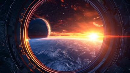 beautiful view of planet earth from a space cabin in space in the universe