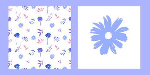 Vector cute seamless violet blue daisy pattern Floral seamless pattern with chamomile. Cute abstract daisy flowers.hand drawn on purple background vector illustration. Cute summer spring wallpaper