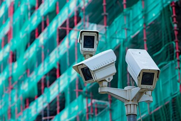 three security cameras pointed in different directions, in front of a high-rise construction site