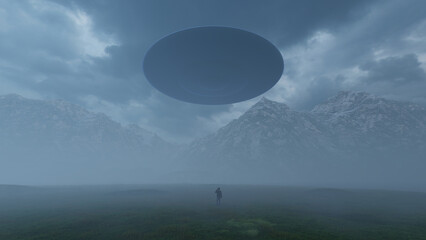 3D illustration. Contact with a UFO in the mountains in the fog.