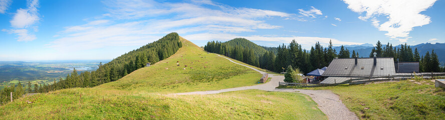 Fototapeta na wymiar panorama landscape Hornle Hut and mountain, view to lake Staffelsee, upper bavaria