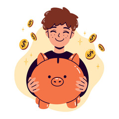 Hand-drawn cartoon smiling boy holding a piggy bank in hands. Flat vector illustration with concept of financial education for kids. Pocket money, the idea of investing savings for children.