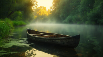 Misty morning with an old wooden canoe on a tranquil river - obrazy, fototapety, plakaty