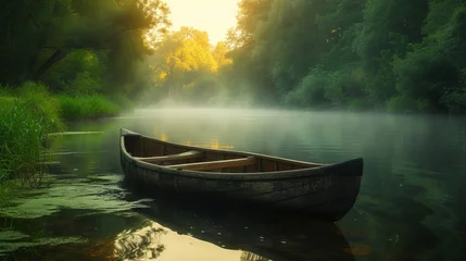 Foto op Canvas Misty morning with an old wooden canoe on a tranquil river © rorozoa
