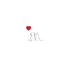 Dog and cat ,beagle dog and a cat with heart shaped balloon attached dog's tail ,love emotional , dog, puppy lover pet care line art cartoon logo vector .