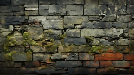 Aged brick wall with a rough texture and subtle moss growth
