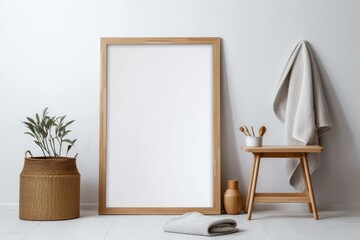 a blank frame in which to place a photo. It is set down next to the makeup mirror on a white towel. Its background is made up of a white tiled wall and floor