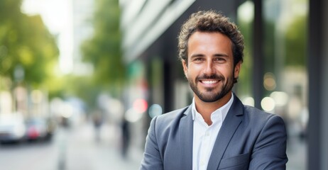 Naklejka premium A professional man wearing a suit standing in front of a modern office building.